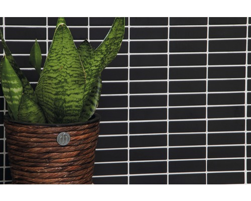 Plante en pot tressé devant un mur de carreaux rectangulaires