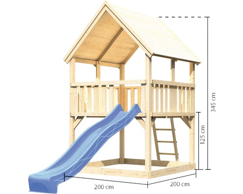 Spielturm mit Rutsche aus Holz, Abmessungen 200 x 200 x 345 cm