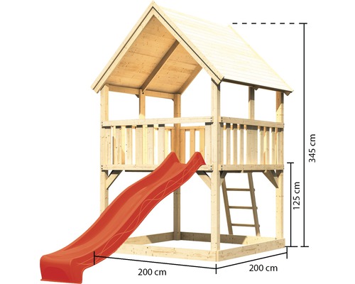 Spielturm aus Holz mit Rutsche, Leiter und den Maßen 345 x 200 x 200 cm.