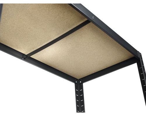 Vue détaillée d''une étagère métallique avec une tablette en bois composite.