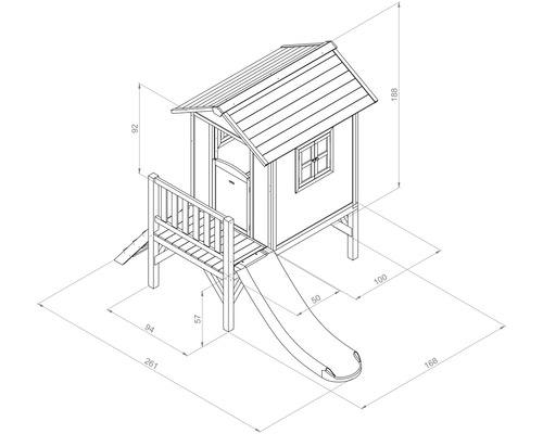 Dessin technique d''une cabane de jeu pour enfants avec toboggan et dimensions.