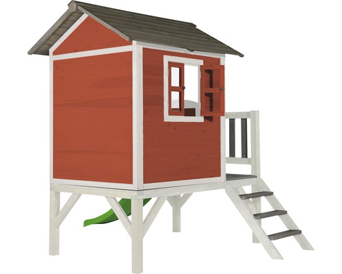 Cabane de jeu en bois avec toboggan, escalier et fenêtre