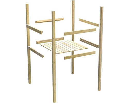 Holzkonstruktion mit vier Pfosten und einer quadratischen Plattform