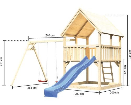 Spielturm mit Schaukel und Rutsche inklusive Maßangaben.
