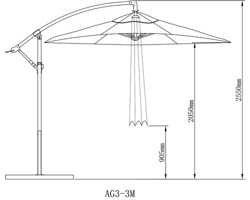 Dessin technique d''un parasol avec mât latéral et indications de dimensions