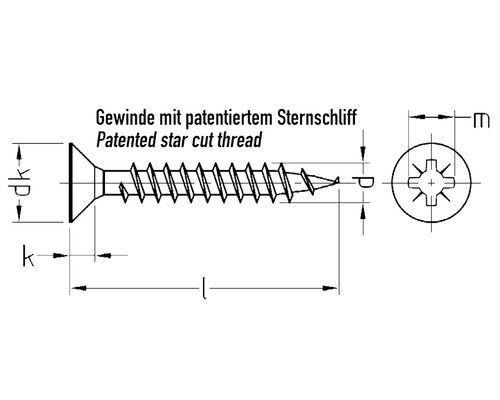 Technische Zeichnung einer Schraube mit patentiertem Sternschliffgewinde