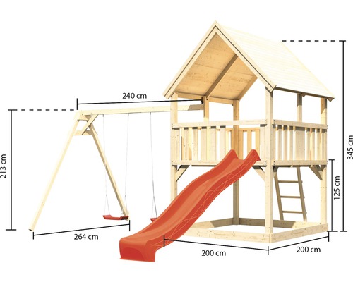 Spielturm mit Schaukel und Rutsche aus Holz mit Maßangaben