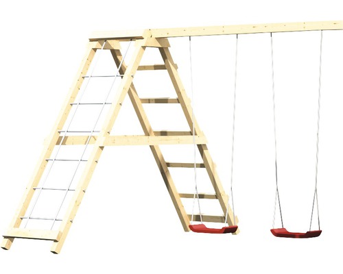 Spielturm aus Holz mit Kletterwand und zwei Schaukeln