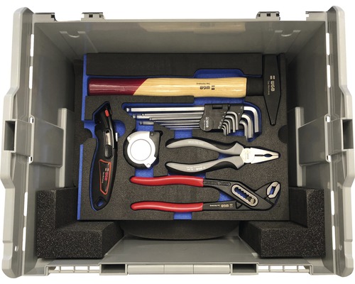 Werkzeugkoffer mit Hammer, Schraubenschlüssel, Zange, Rollbandmaß und Cutter