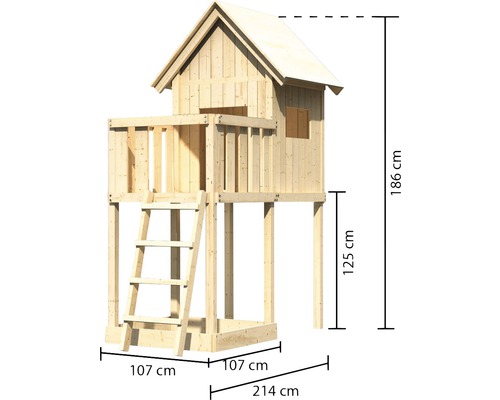 Image d''une cabane en bois avec des dimensions de 186 cm de hauteur, 214 cm de largeur et 107 cm de profondeur.