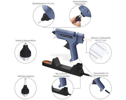 Heißklebepistole mit verschiedenen Düsen und Klebesticks