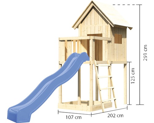 Maisonnette avec toboggan, échelle et dimensions