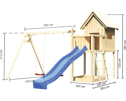 Spielturm mit Rutsche und Schaukel, Abmessungen dargestellt