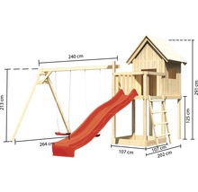 Cabane sur pilotis AKUBI Frieda en bois avec bac à sable, balançoire double, toboggan rouge