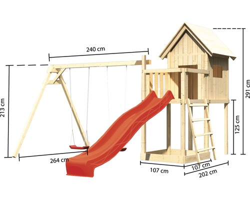 Spielturm mit Schaukel und Rutsche aus Holz mit Maßangaben