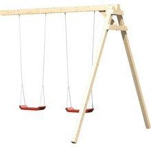 Cabane sur pilotis AKUBI Frieda en bois avec bac à sable, balançoire double, toboggan rouge