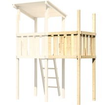Cabane sur pilotis AKUBI Frieda en bois avec bac à sable, balançoire double, toboggan rouge