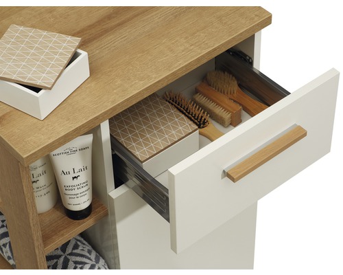 Badezimmer-Waschtisch mit Schublade, Holzablage und Kosmetikprodukten