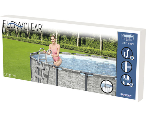 Verpackung eines Bestway Flowclear Aufstellpools mit Leiter und Steinmaueroptik, Höhe 1,22 Meter