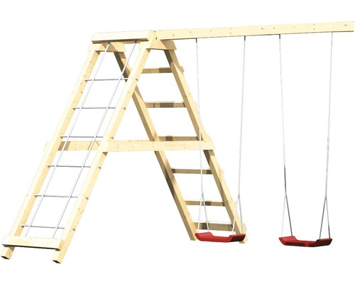 Holzschaukel mit Kletterleiter und zwei Schaukelsitzen