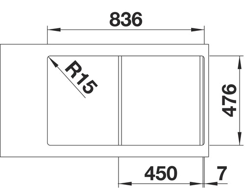 Technische Zeichnung einer Spüle mit den Maßen 836 x 476 Millimeter