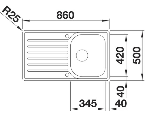 Technische Zeichnung einer Küchenspüle mit Maßangaben
