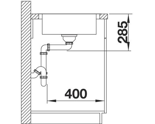 Zeichnung einer Spüle mit Maßangaben: Höhe 285, Breite 400.