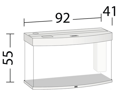 Aquarium avec des dimensions de 92 cm de largeur, 55 cm de hauteur et 41 cm de profondeur
