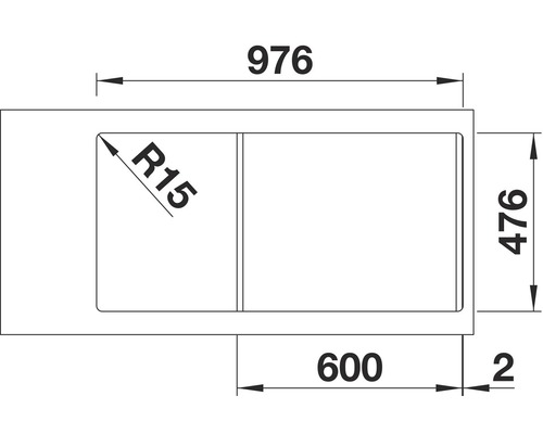 Technische Zeichnung eines Spülbeckens mit Maßangaben