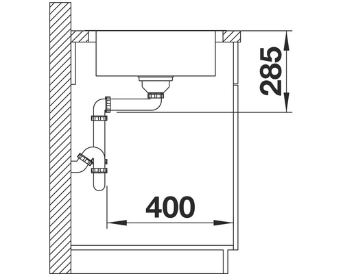 Zeichnung einer Spüle mit Siphon und Maßangaben für die Installation