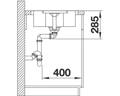 Schéma d''un évier avec siphon et indications de dimensions