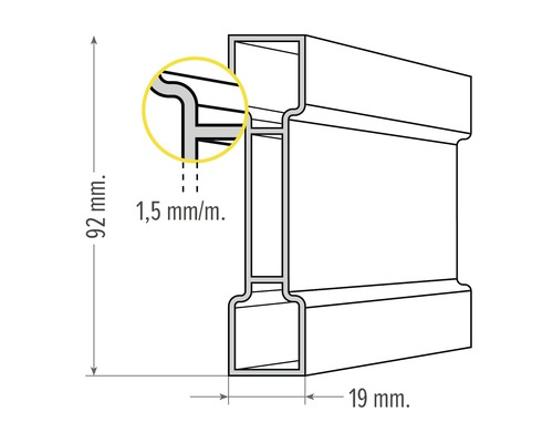 Diagramme d''un profilé métallique avec dimensions 92 mm de hauteur et 19 mm de largeur