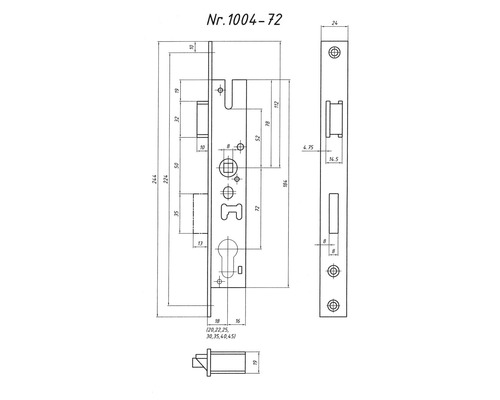 Technische Zeichnung eines Einsteckschlosses mit Maßangaben