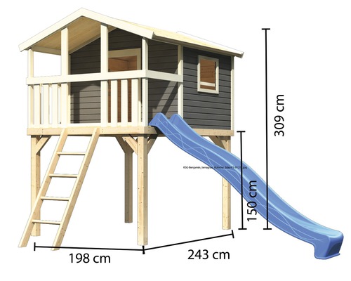 Spielhaus aus Holz mit Rutsche und Leiter mit den Maßen 309 x 198 x 243 cm