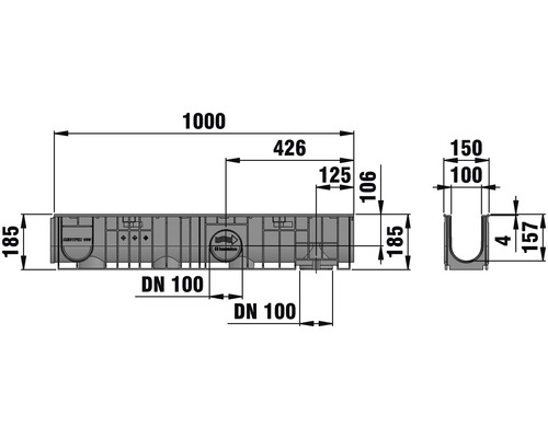 Technische Zeichnung einer Entwässerungsrinne mit Maßen
