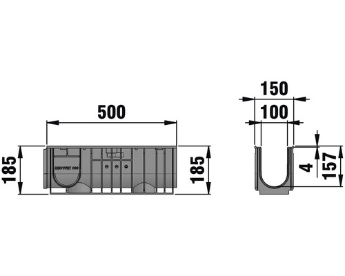 Technische Zeichnung einer Entwässerungsrinne mit Maßangaben.