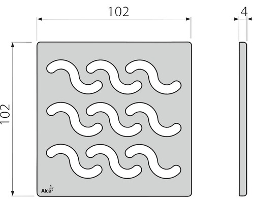 Plaque carrée avec découpes ondulées et dimensions de 102 x 102 x 4 mm.