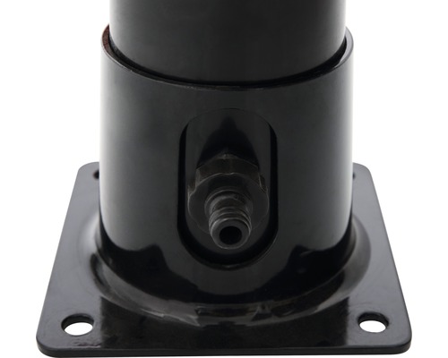 Detailansicht eines schwarzen Hydraulikzylinders mit Befestigungsflansch