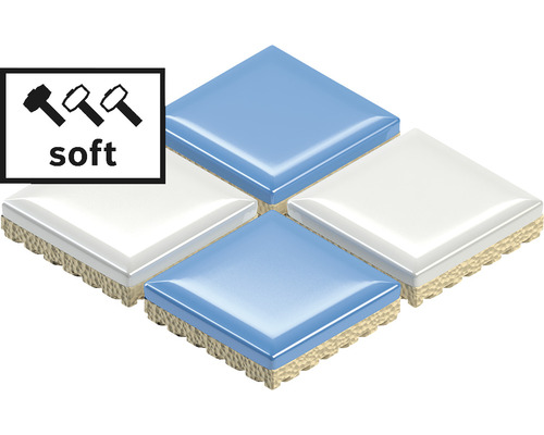 Symbole pour les carreaux souples à côté d''un arrangement de carreaux bleu clair et blancs