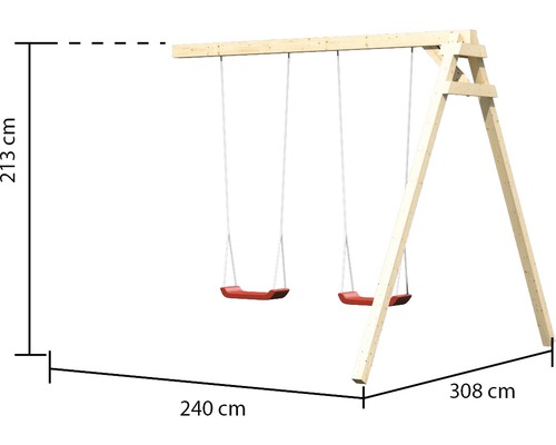 Portique d''oscillation en bois avec deux balançoires et indications de dimension