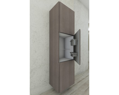 Armoire haute avec porte ouverte et deux conteneurs