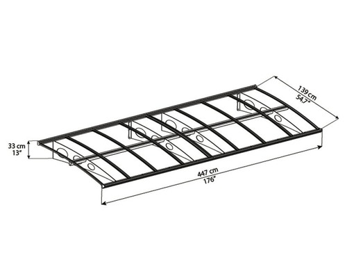 Schéma d''un auvent de porte d''entrée avec des dimensions de 447 cm de long, 139 cm de large et 33 cm de haut.
