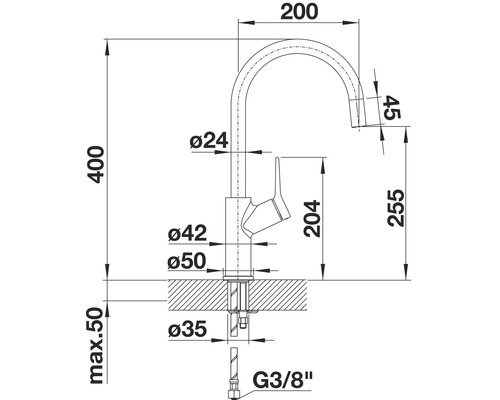 Technische Zeichnung einer Küchenarmatur mit Maßen.