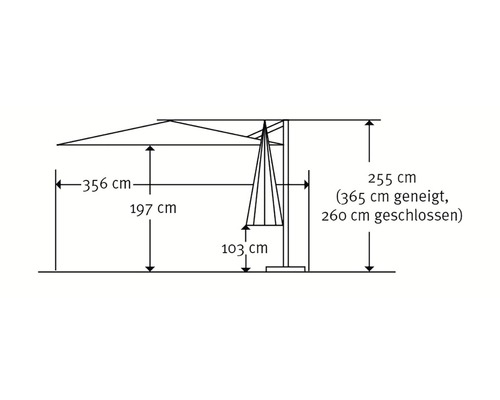 Technische Zeichnung eines Sonnenschirms mit Maßangaben.