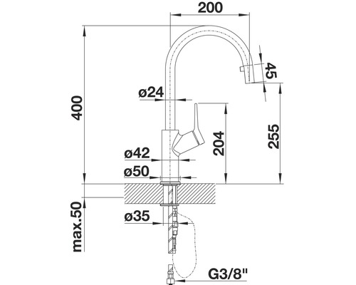 Technische Zeichnung einer Küchenarmatur mit Maßangaben