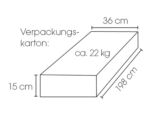 Verpackungskarton mit den Maßen 36 cm x 198 cm x 15 cm und einem Gewicht von circa 22 kg.