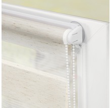 Detailaufnahme eines Doppelrollos im Fensterrahmen mit Kettenzug