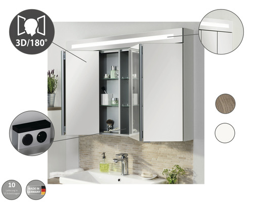 Spiegelschrank mit Beleuchtung, Steckdose und 3D Optik