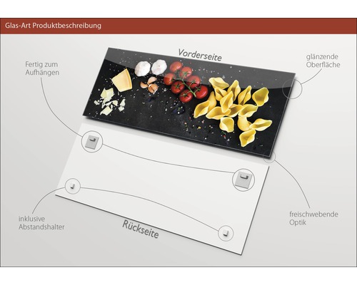 Image en verre avec surface brillante, supports muraux inclus, avant et arrière