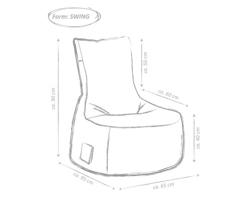 Skizze eines Sessel-Sitzsacks mit den Maßen 95 cm x 90 cm x 65 cm x 50 cm x 60 cm x 40 cm in Swing-Form